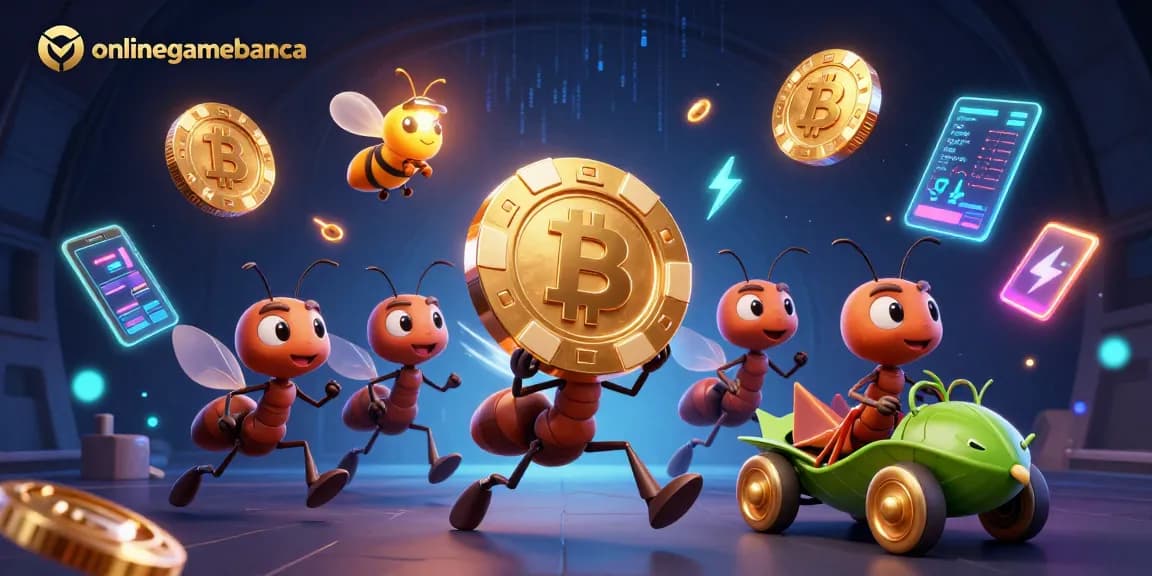 Onlinegamebanca features a team of ants in a heist scene, capturing a golden poker chip.