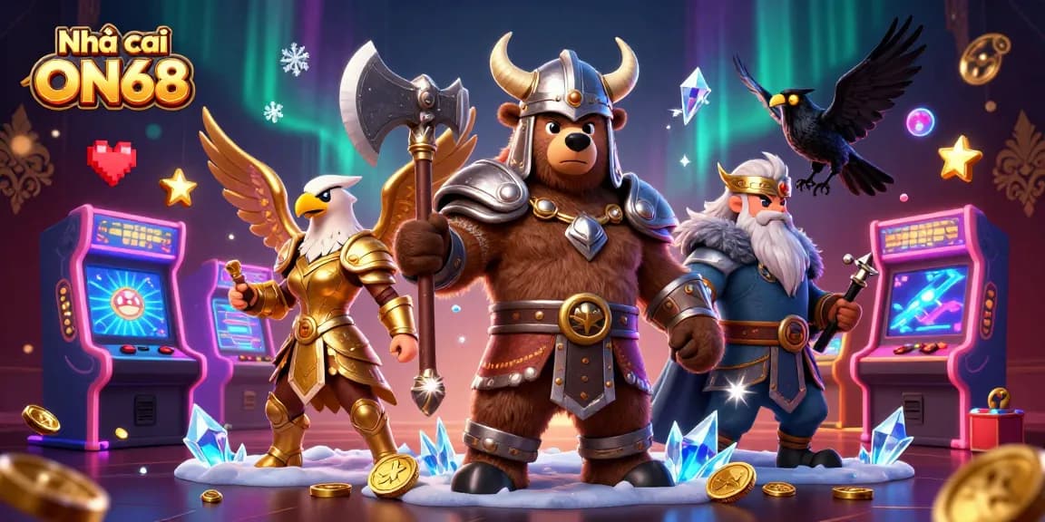 Experience gaming adventures with Nhà cái ON68 in a vibrant 3D casino environment featuring dynamic characters.