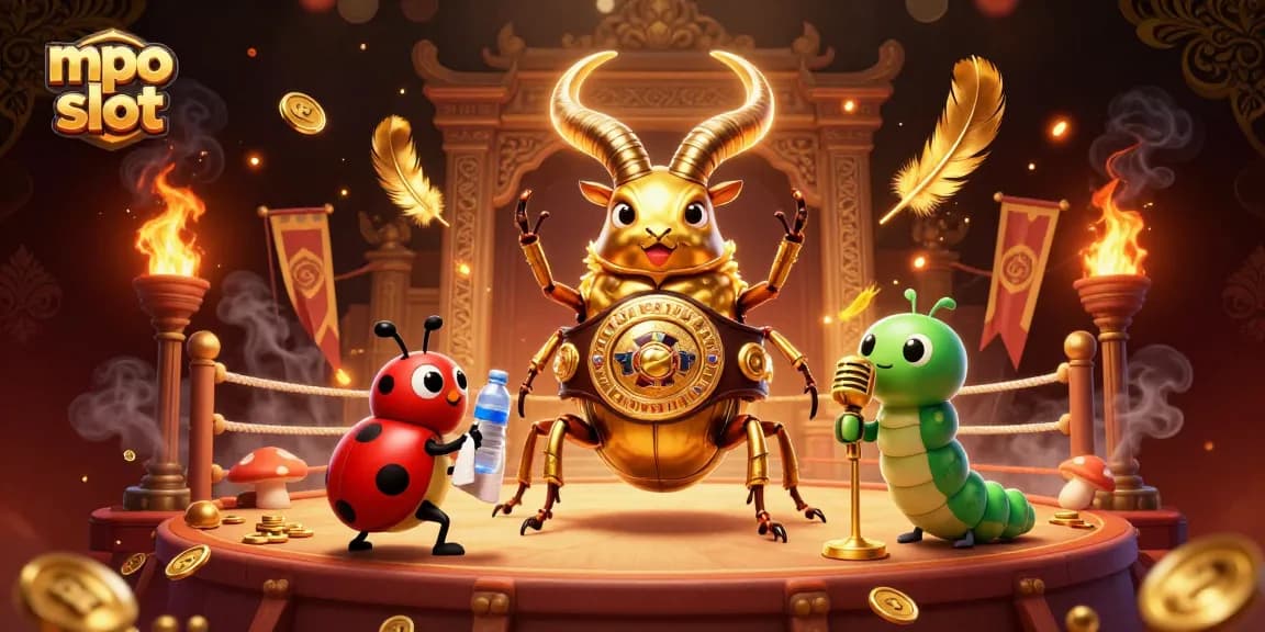 Experience the excitement of mpo slot with a vibrant 3D illustration showcasing a golden stag beetle boxing champion.