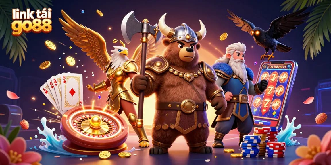 Experience exciting gameplay with link tải go88 as the Viking bear and Valkyrie eagle defend treasures in a rich casino scene.