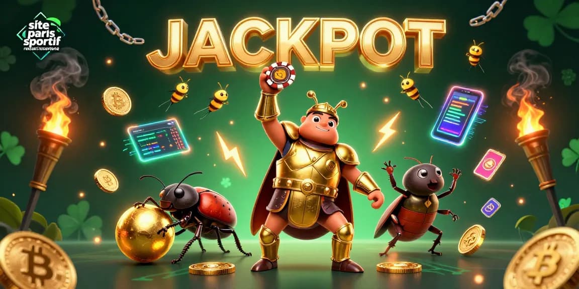 Pariez sur le site paris sportif retrait instantané avec des jeux captivants représentés par un scarabée en armure dorée.