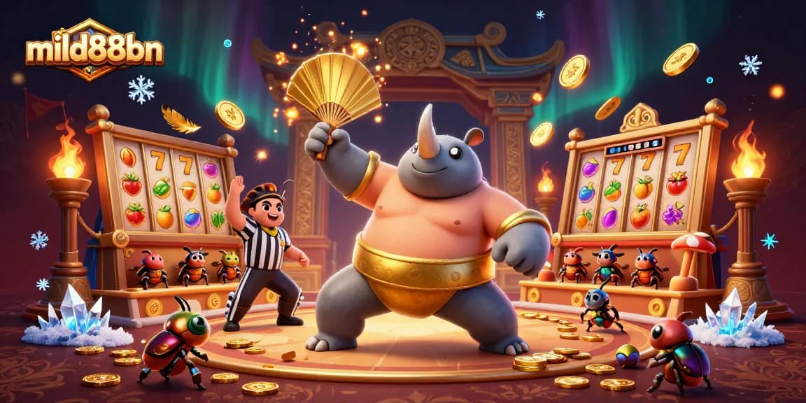 mild88bn showcases a dynamic 3D casino scene with characters amidst slot reels and golden coins.