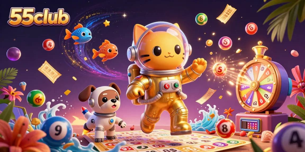 Experience thrilling gameplay at 55club with a vibrant 3D digital casino scene showcasing fun lottery elements.