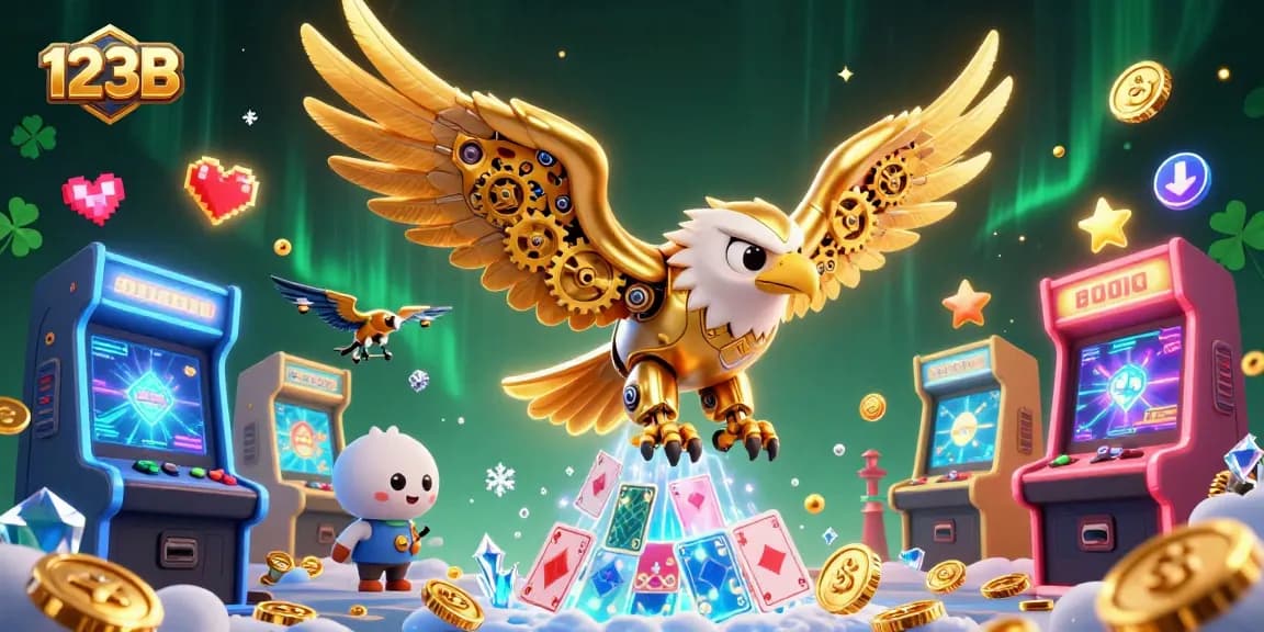 Engaging scene depicting 123B, a cybernetic eagle with holographic cards, promoting an exciting casino experience.