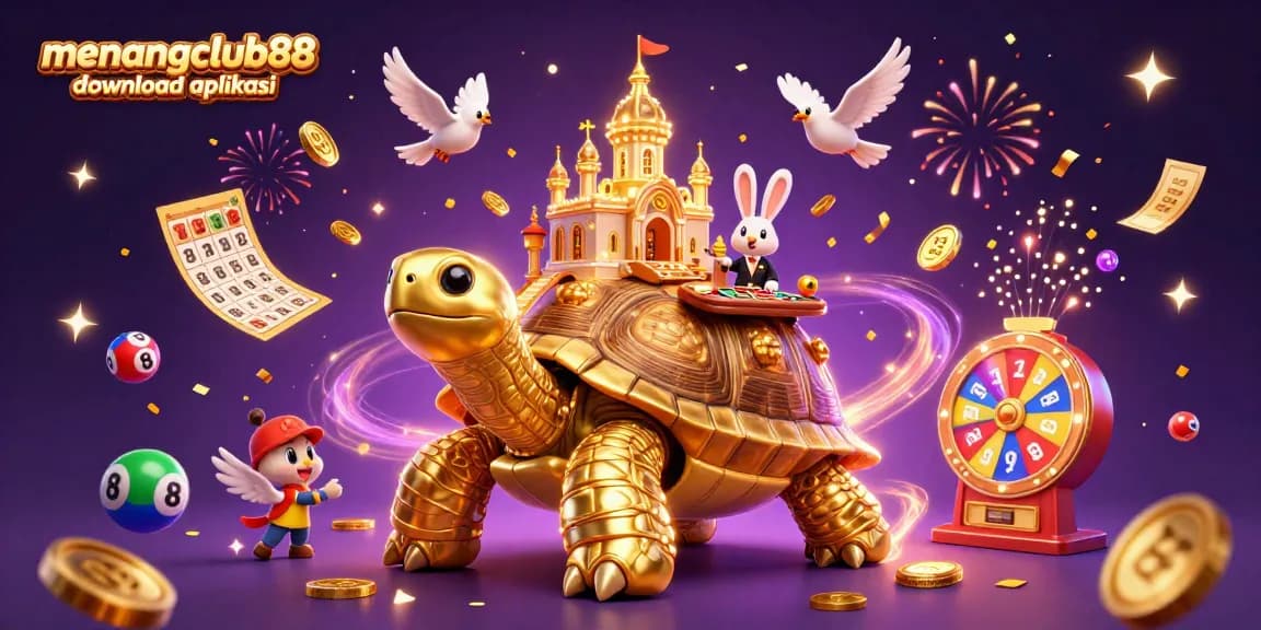 Win big with the menangclub88 download aplikasi, featuring a colorful scene of a casino on a tortoise.