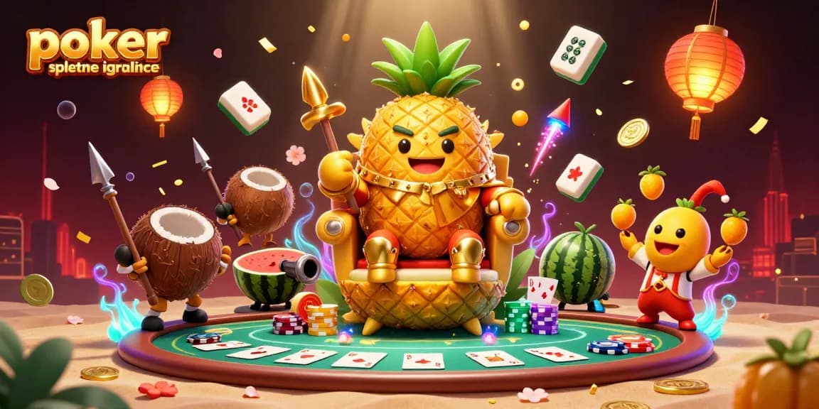 Poker spletne igralnice s 3D ilustracijo kart in čipsov, ki obkrožajo kralja ananasa v tropski atmosferi.