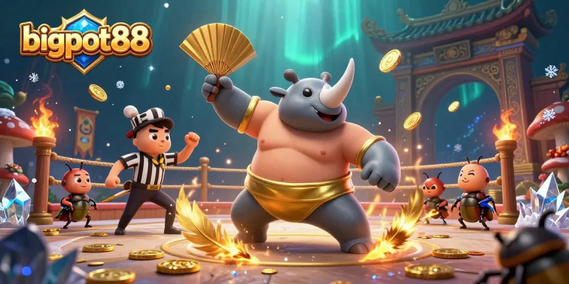 Experience the thrill of bigpot88 with a dynamic scene of a sumo beetle champion amidst gold coins and vibrant game elements.