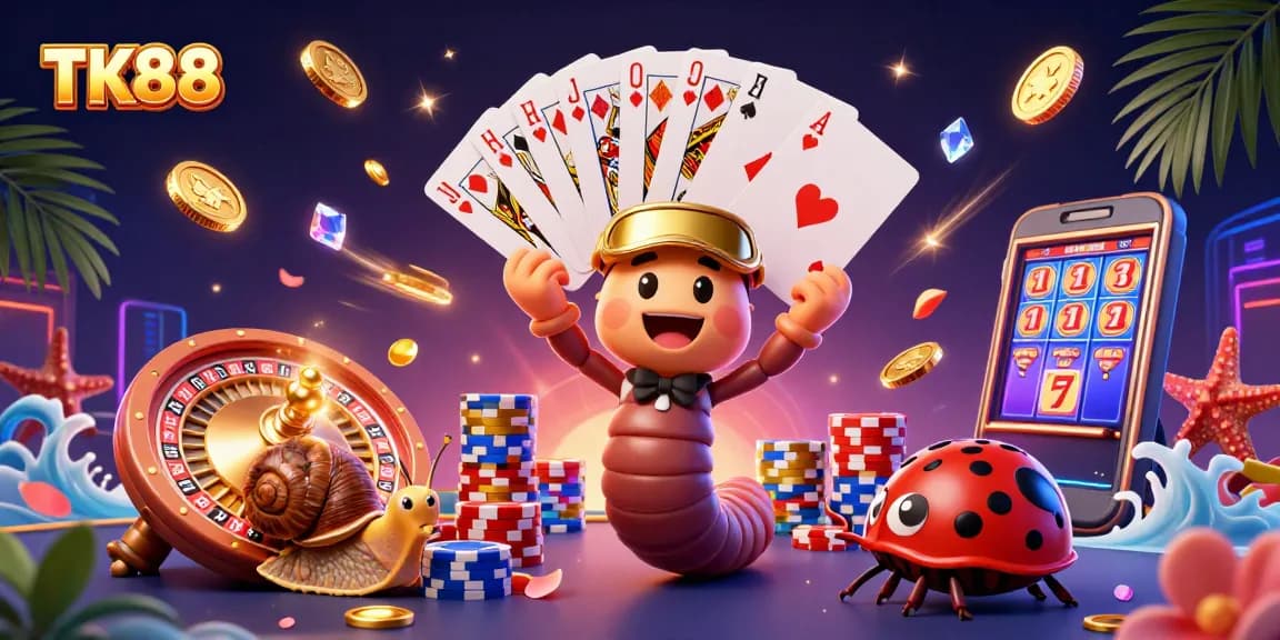 Play, win, and bet wisely at TK88 with exciting casino elements in a vibrant 3D scene.
