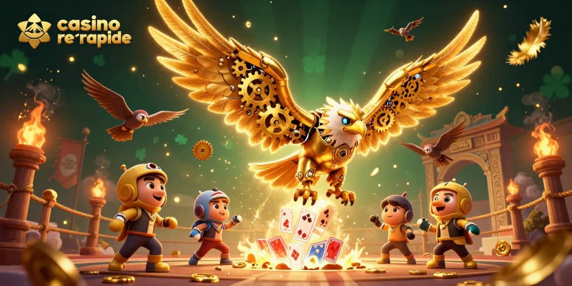 Retirez vos gains rapidement avec casino retrait rapide, illustrant un aigle doré cybernétique au cœur de jeux de cartes.