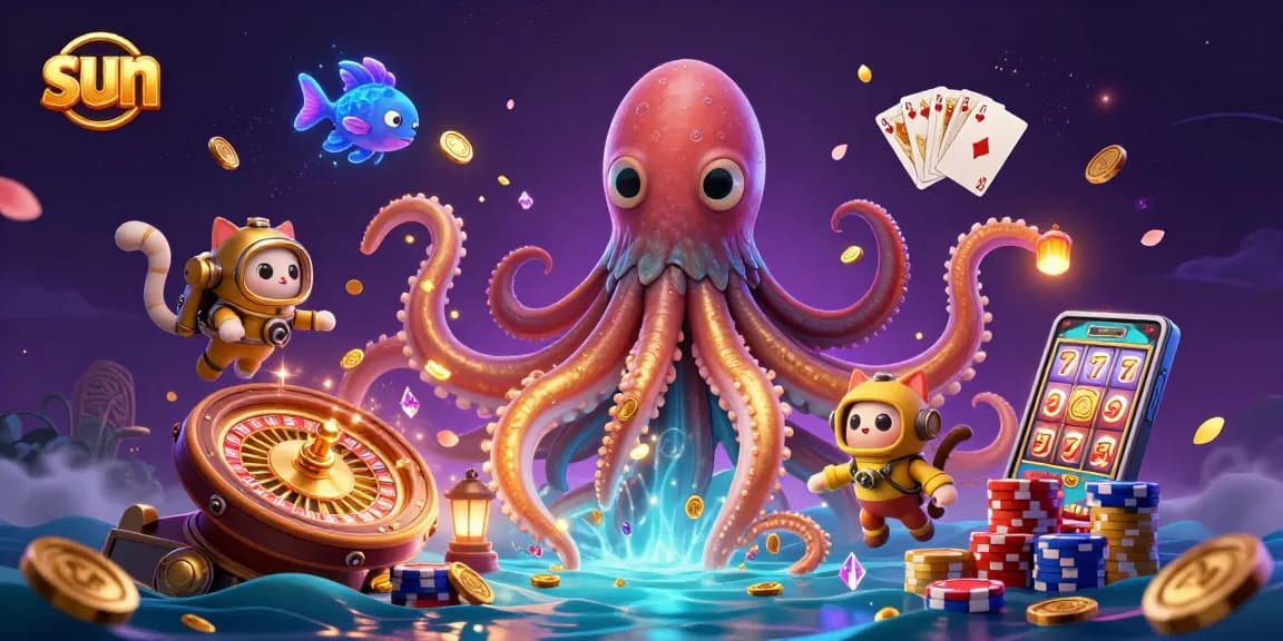 Sun-inspired cartoon kraken and diving cat amidst casino treasures and games.