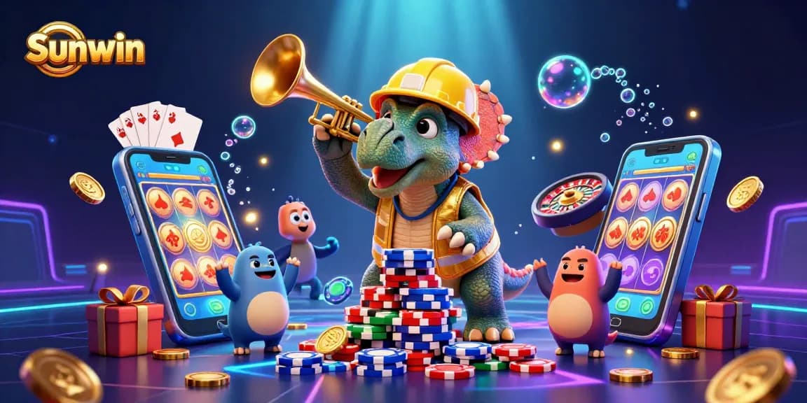 Sunwin promotes exciting gaming with triceratops building poker chips and cheering characters.