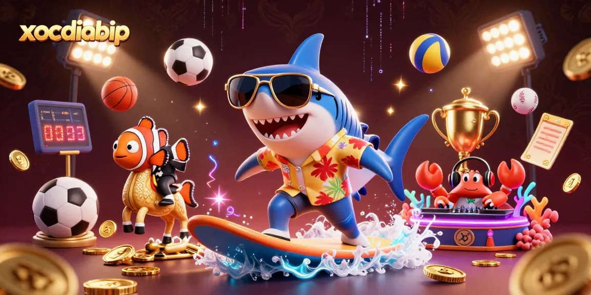 xocdiabip showcases a playful 3D scene with a shark surfing gold coins amidst dynamic sports elements.
