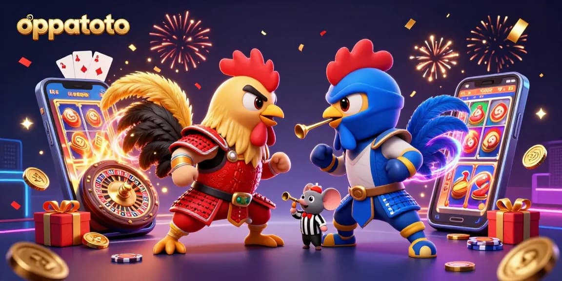 Experience thrilling gameplay with oppatoto as cartoon fighting roosters face off amidst vibrant slot game elements.