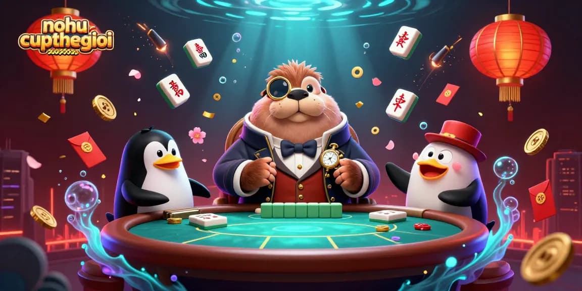 Join the fun with nohu-cupthegioi at a vibrant underwater poker scene featuring a walrus, penguin dealer, and a bluffing pufferfish.