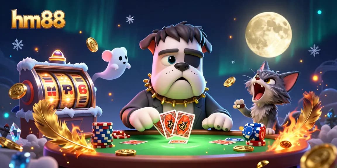 Experience the thrill of gambling at hm88 with a unique scene featuring a Frankenstein bulldog dealer, vibrant slot reels, and rich decorations.