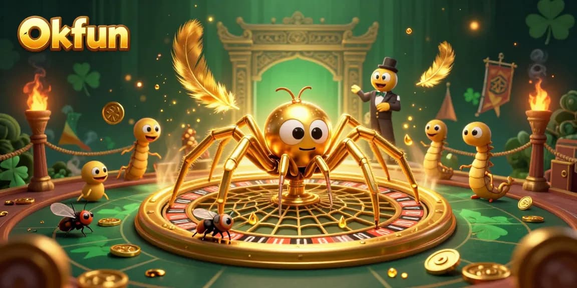 Experience the thrilling bets at Okfun's roulette under the spinning web of fortune.