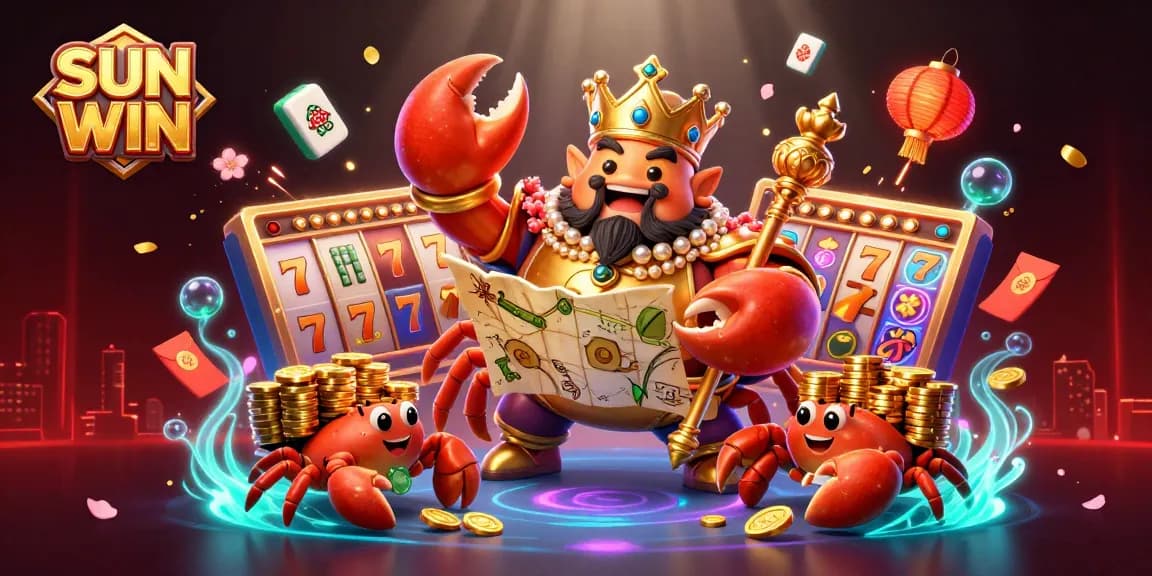 SUN WIN Casino scene with a golden crab emperor and slot reels for vibrant gameplay.