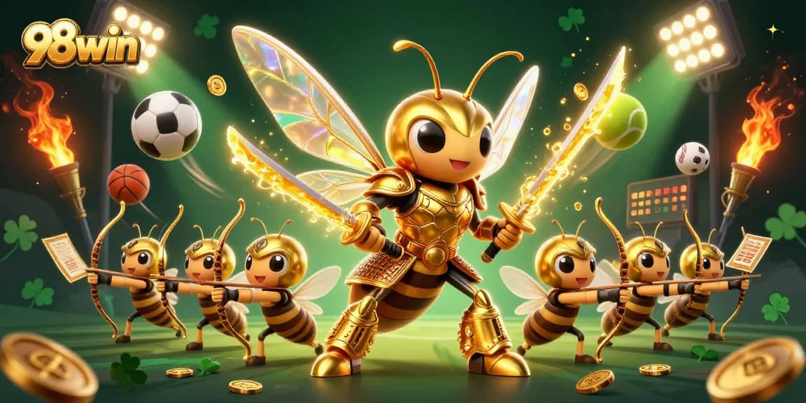 Experience exciting gameplay at 98win with a dynamic golden hornet and sports-themed elements.