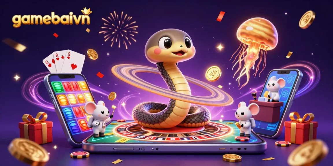 Engage in poker action with gamebaivn featuring a cosmic dealer and playful mice betting.