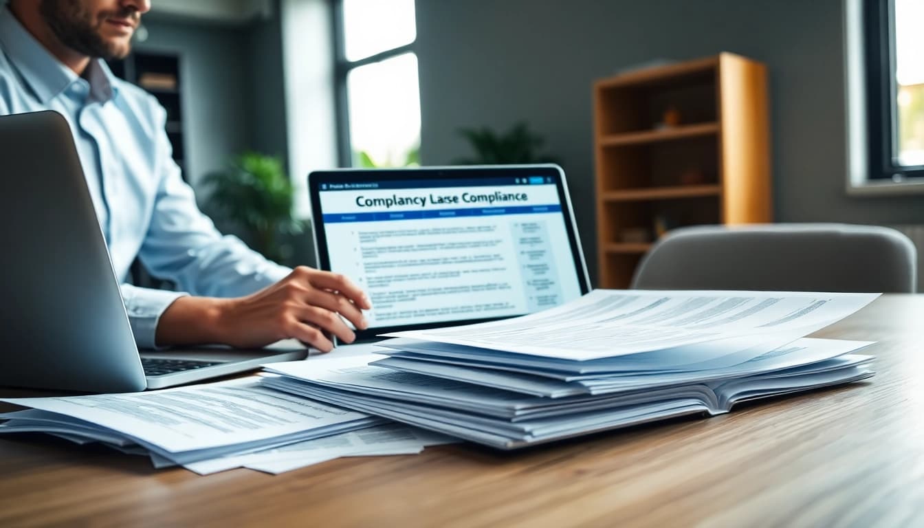 Consultant analyzing FCPA/DCAA/Flowdown/ITAR/EAR compliance documents in a modern office.