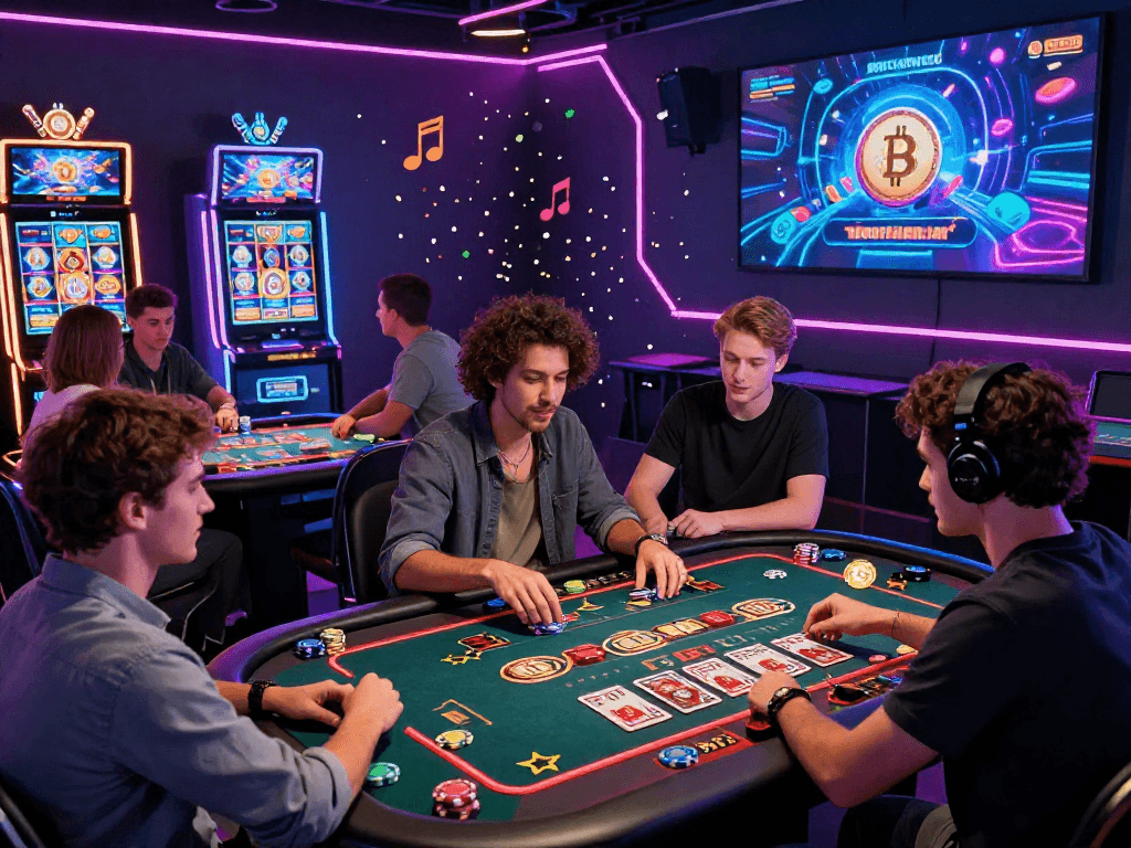 Engaging virtual environment showcasing diverse players enjoying crypto casino games with bright neon lights and high-tech interfaces.