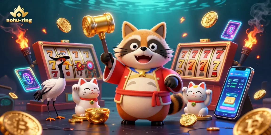 Engage with nohu-ring's exciting slots gameplay featuring cheerful characters and crypto elements.