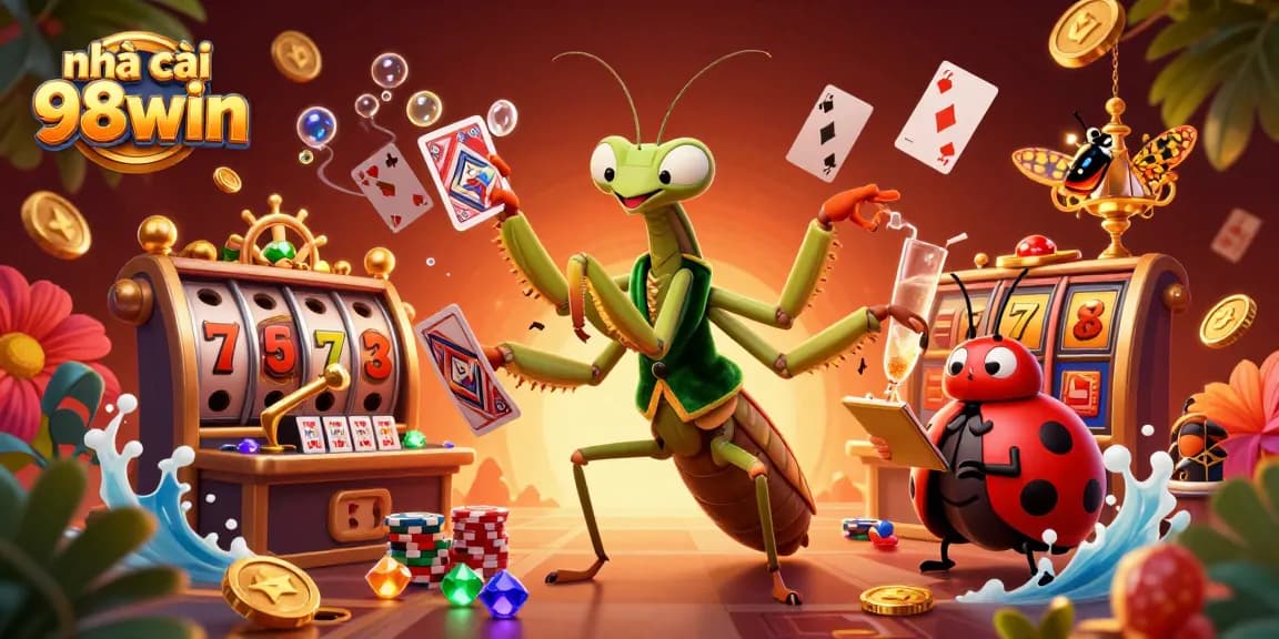 Join the fun at nhà cái 98win with a vibrant 3D illustration showcasing exciting casino elements like slot reels and gold coins.