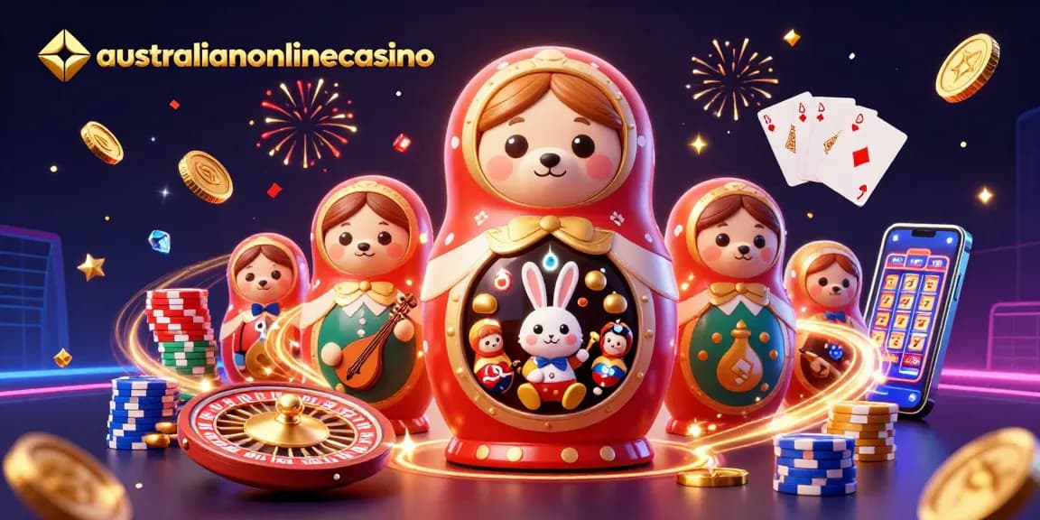 Experience the excitement of australianonlinecasino with vibrant 3D characters and casino elements in a festive scene.
