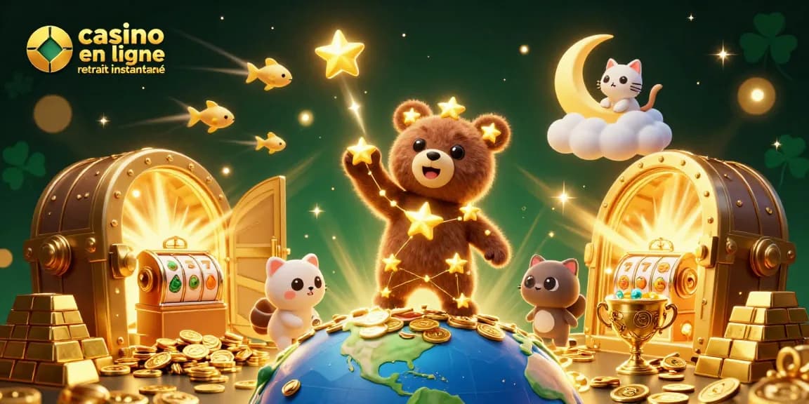 Illustration captivante de casino en ligne retrait instantané avec un ours constellation en or atteignant des pièces, entouré de joyaux scintillants.