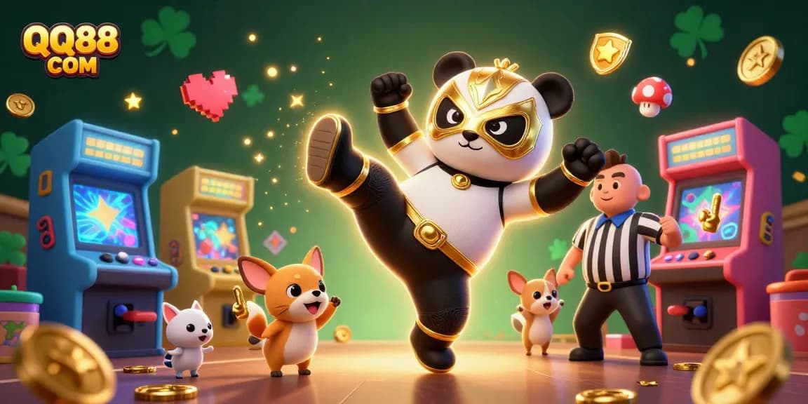 Experience the excitement at QQ88 COM as the panda wrestler makes a thrilling kick amidst vibrant casino visuals.