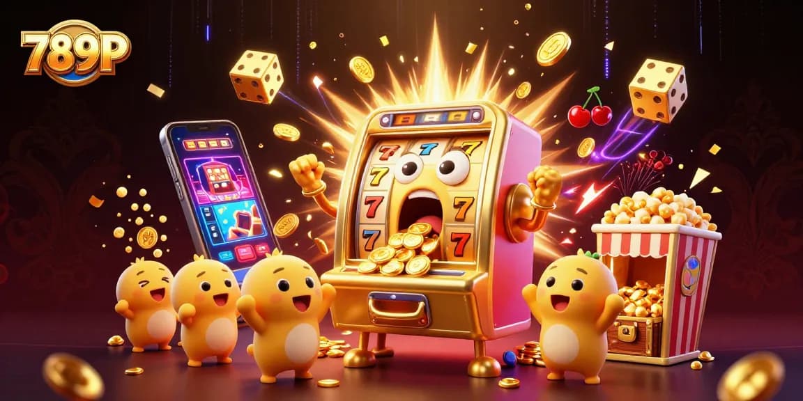 Experience the excitement of 789P's big jackpot with a vibrant slot machine and cheering characters.