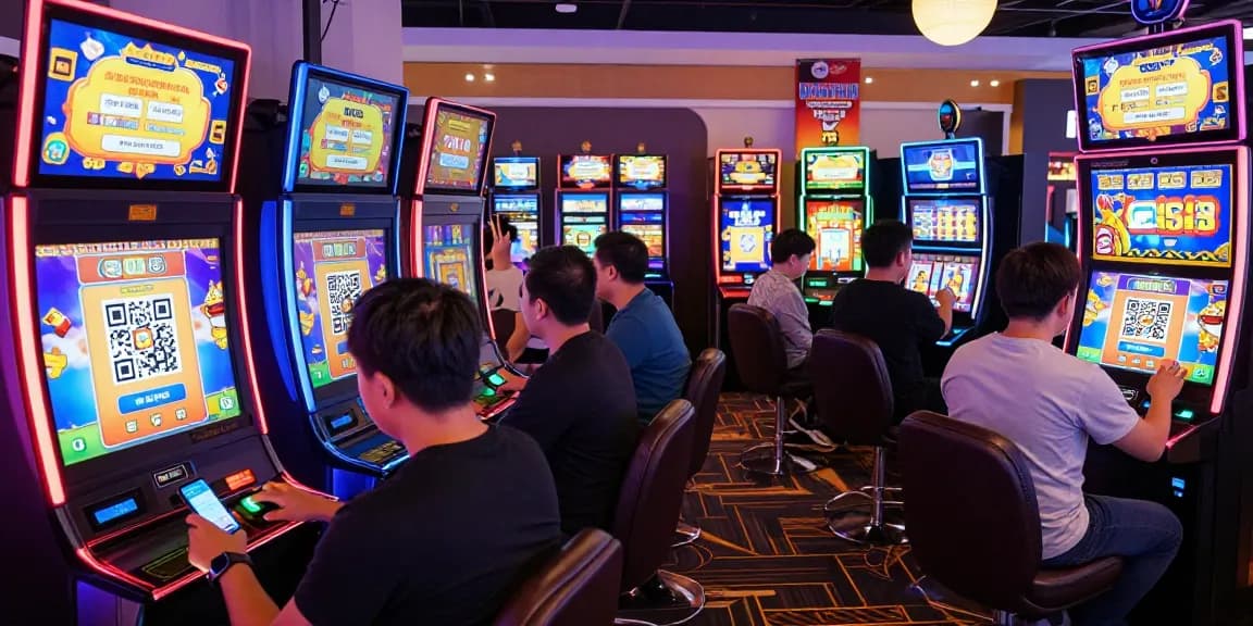 Players enjoying dynamic slot machines with slot depo qris deposit options in a lively online casino environment.