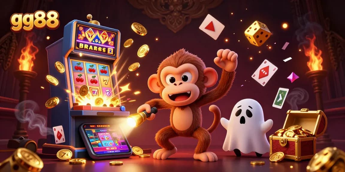 Experience thrilling gaming at gg88 with an exciting scene of a mischievous monkey and a curious puppy!