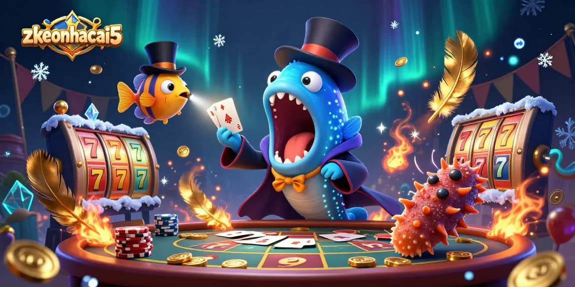 Experience the magic with zkeonhacai5: A bioluminescent eel performs captivating card tricks in a vibrant casino scene.