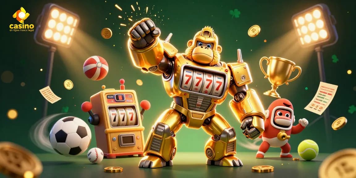 Une illustration dynamique de casino en ligne légal en France, mettant en avant un gorille doré transformé avec des éléments de jeu, vibrant et engageant.