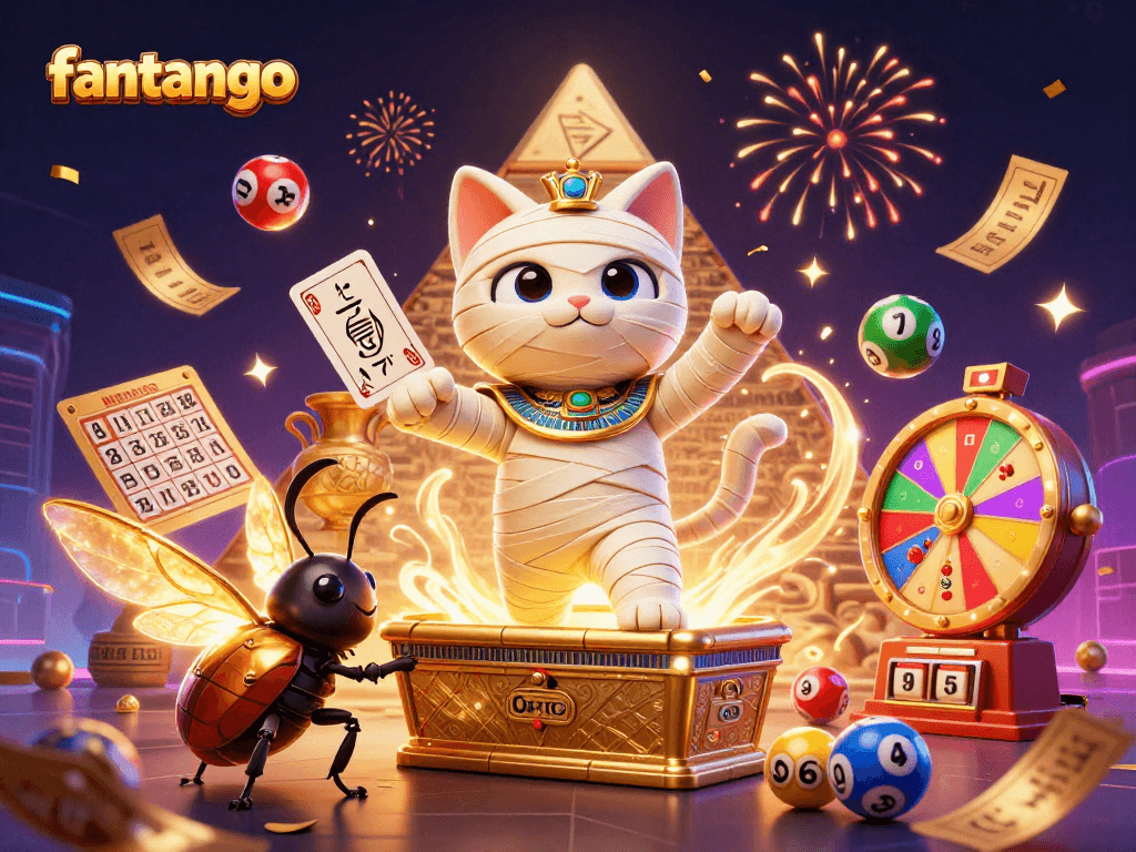 Experience the thrilling world of fantango as an Egyptian mummy cat emerges from a sarcophagus in a dynamic pyramid casino scene.