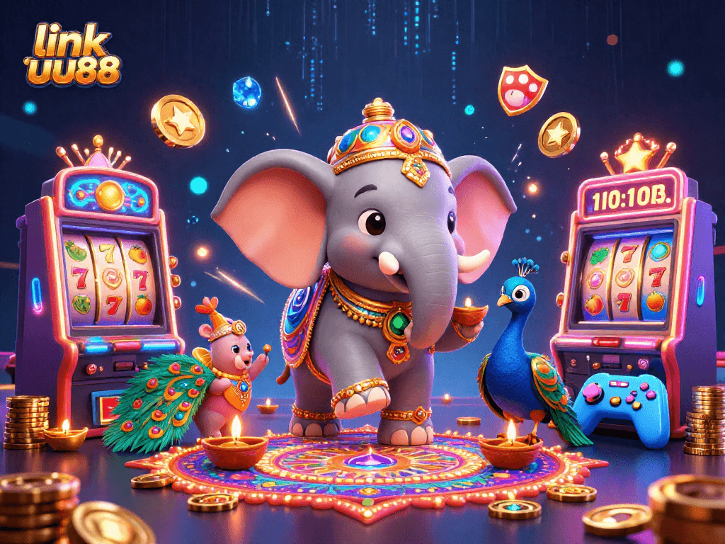 Experience winning gameplay at link uu88 with vibrant 3D slots and casino elements in a festive scene.