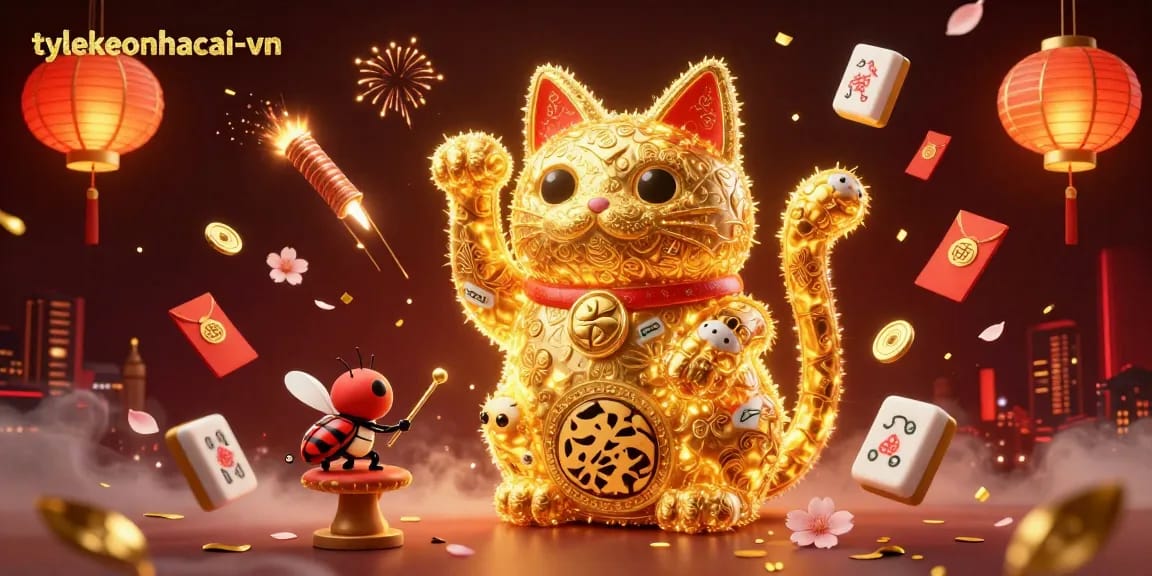 Engage with tylekeonhacai-vn's immersive 3D casino art showcasing a lucky cat and vibrant symbols.