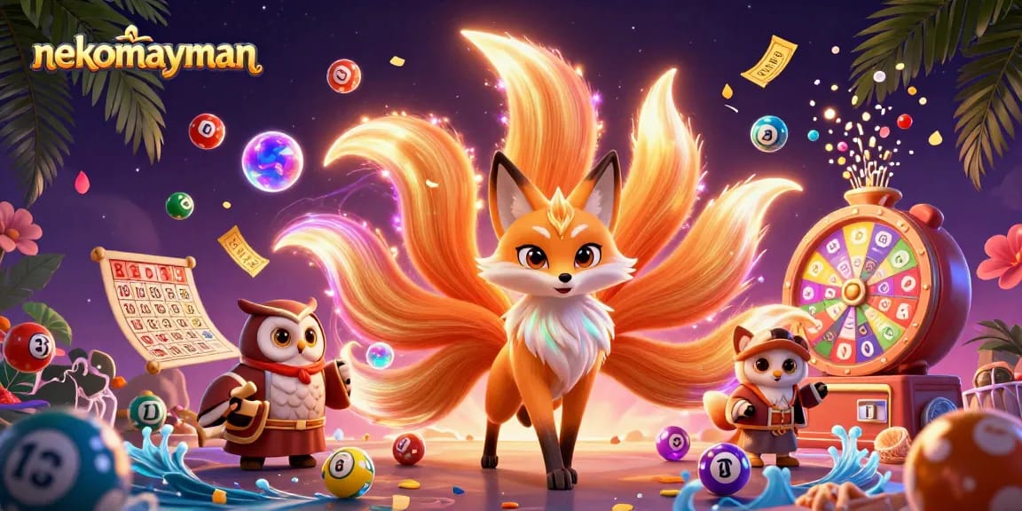 Experience the thrill of gambling with nekomayman, featuring a vibrant scene of colorful lottery elements.
