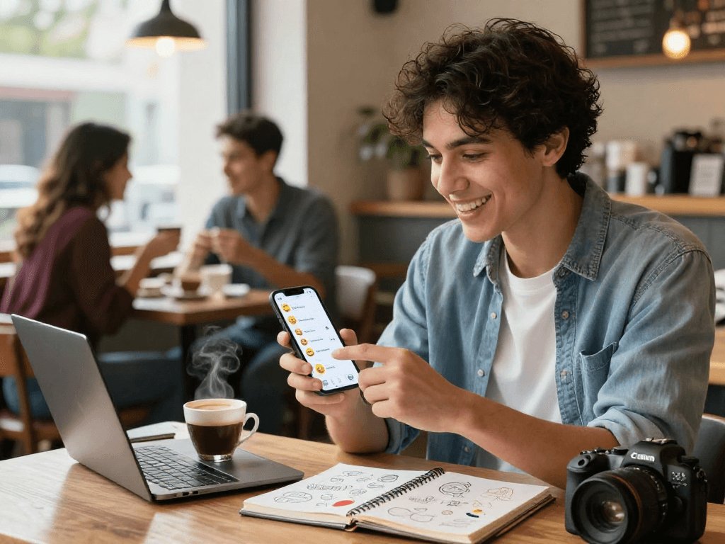 Engaged person chatting using spicy chat AI on smartphone in a cozy café.