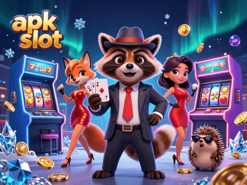 Menangkan jackpot dalam apk slot dengan ilustrasi 3D karakter kasino penuh warna.
