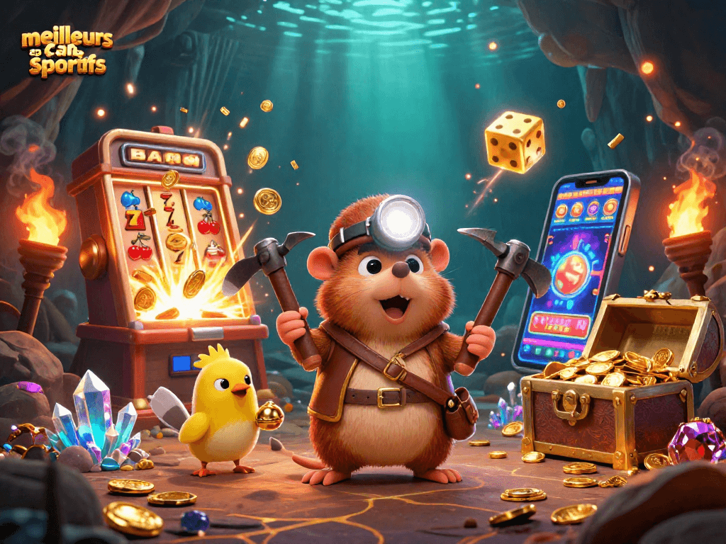 Découvrez les meilleurs sites paris sportifs à travers cette illustration interactive vibrante, où un mole chasseur d'or et un canari s'aventurent dans un monde de gains.