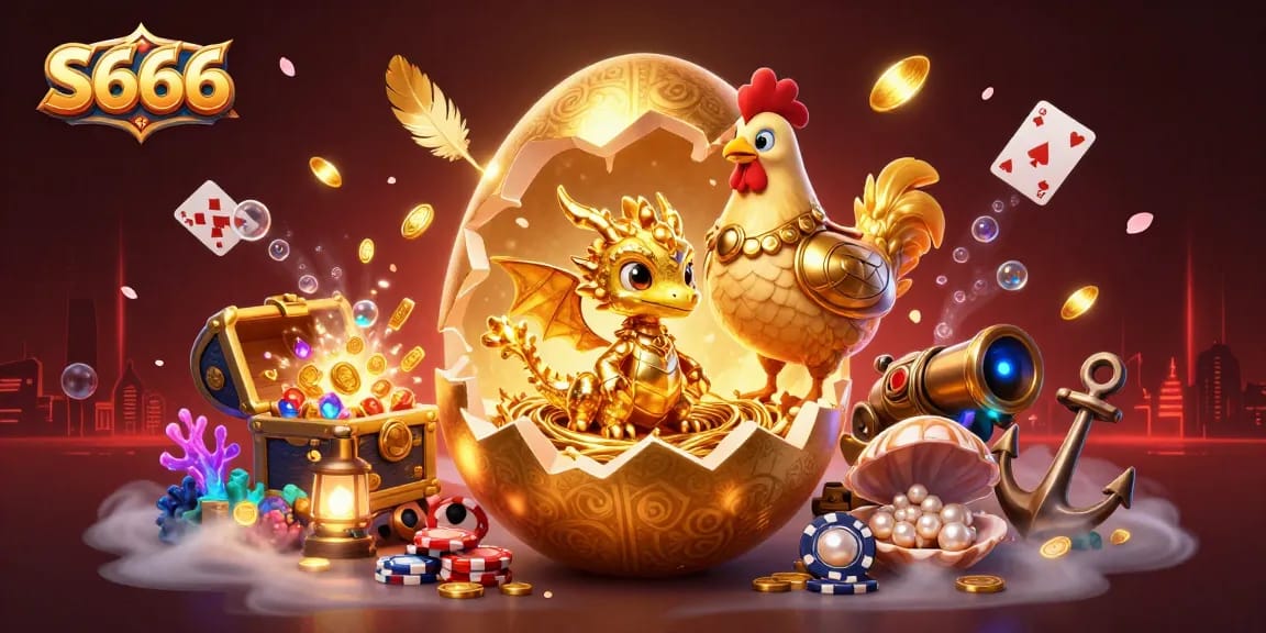 S666 showcases a golden dragon nested on poker chips, surrounded by vibrant casino elements.