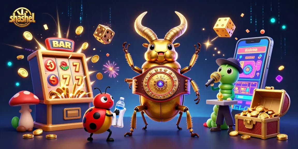 Engage in thrilling shashel gaming with the giant golden stag beetle and casino elements.