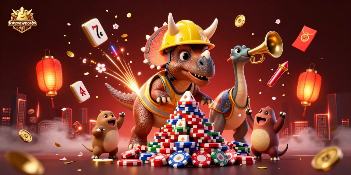 Experience thrilling gameplay with fishprawncrabs as the triceratops builds poker chips amidst vibrant gambling elements.