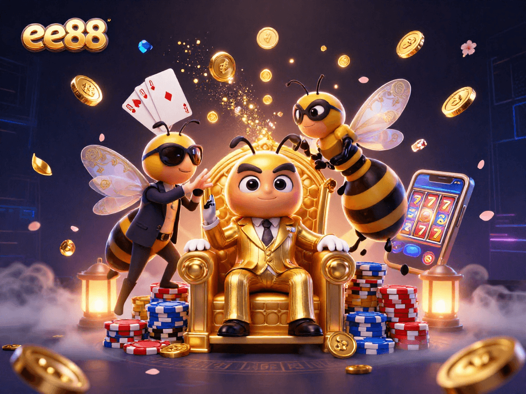 Engage with ee88's vibrant casino world featuring a bumblebee mob boss amidst cascading coins and gold.