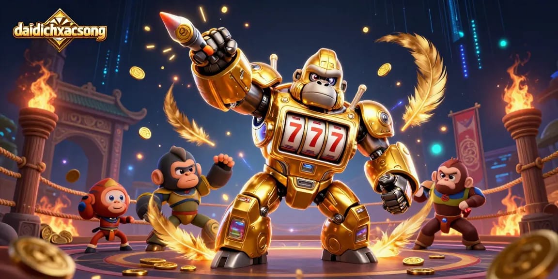 Join the action in daidichxacsong, where the golden gorilla mech wields slot machine fortune!