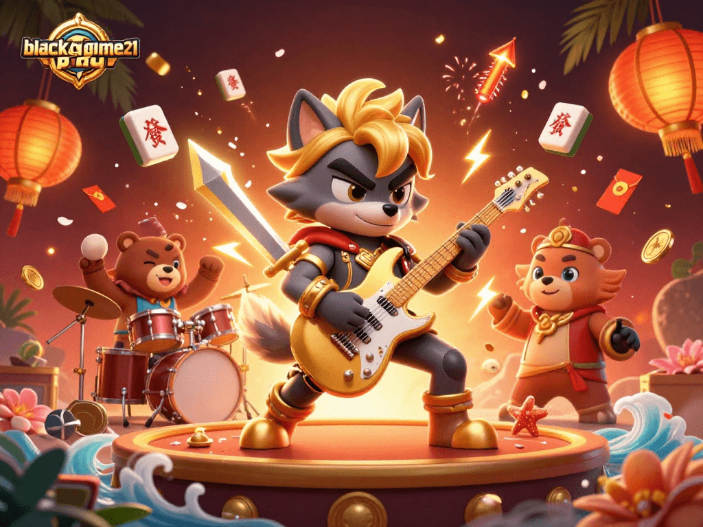 Engage in thrilling blackjack-game21 action with a rock star wolf and drummer bear on a vibrant casino stage.