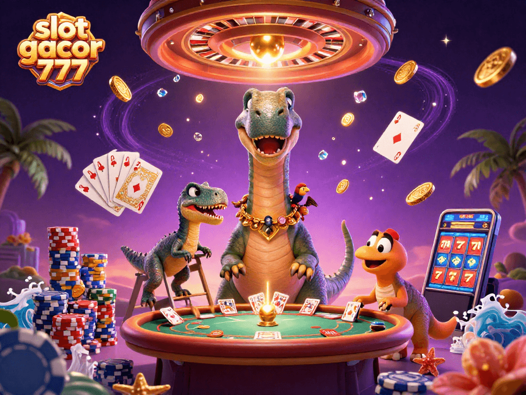 Experience slot gacor 777 fun with a brontosaurus card dealer and lively casino elements.