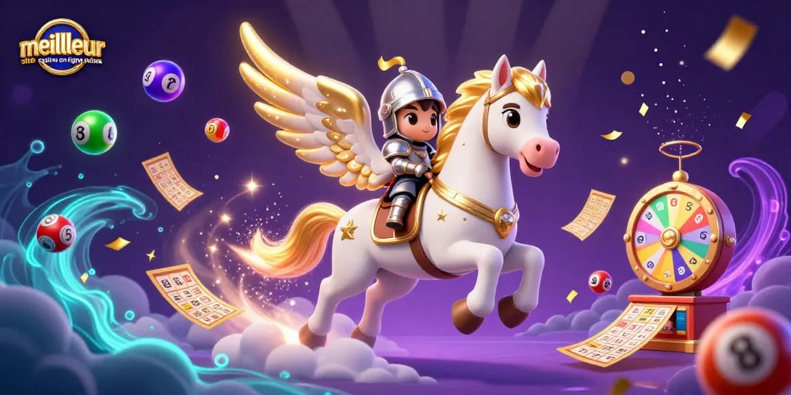 Des jeux captivants et paisibles sur le meilleur site casino en ligne suisse avec un cheval céleste et des éléments de loterie colorés.